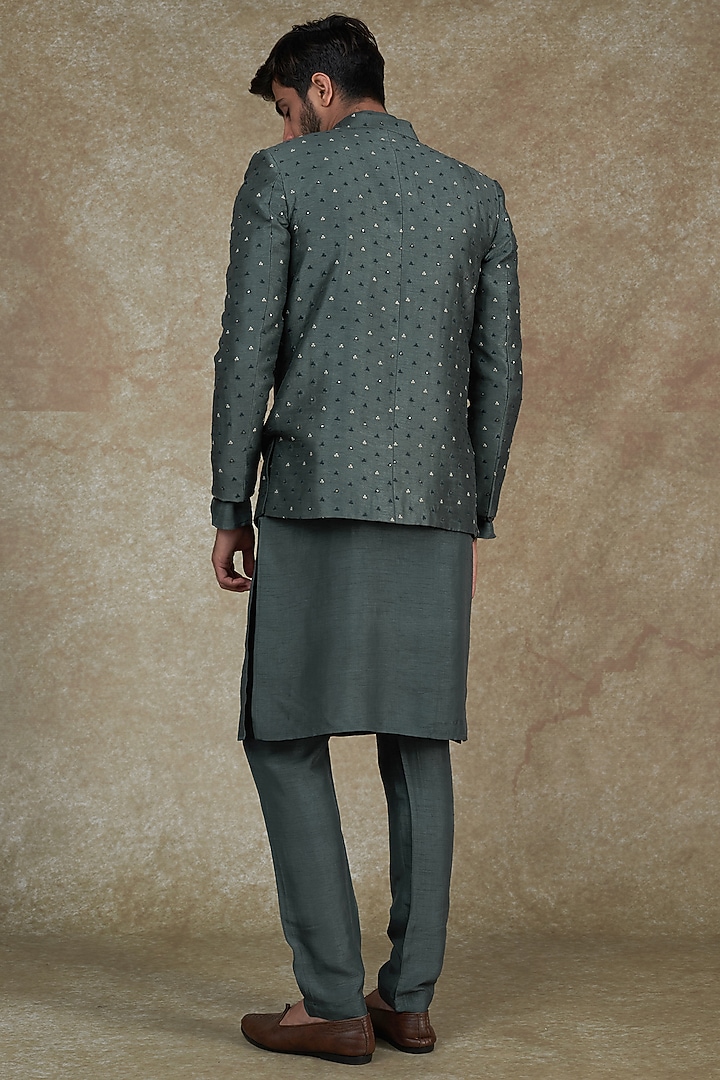 Grey Viscose Silk Wedding Indowestern Set by ALOUKIK at Pernia's Pop Up Shop