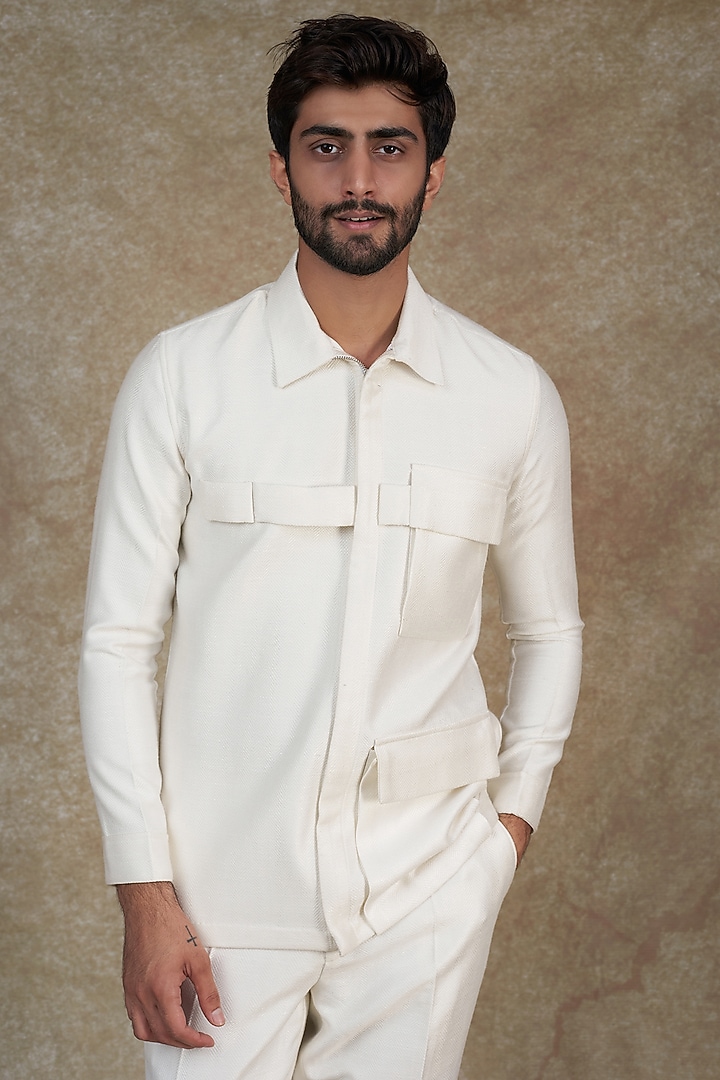 White Silk Blend Bomber Jacket Set by ALOUKIK at Pernia's Pop Up Shop
