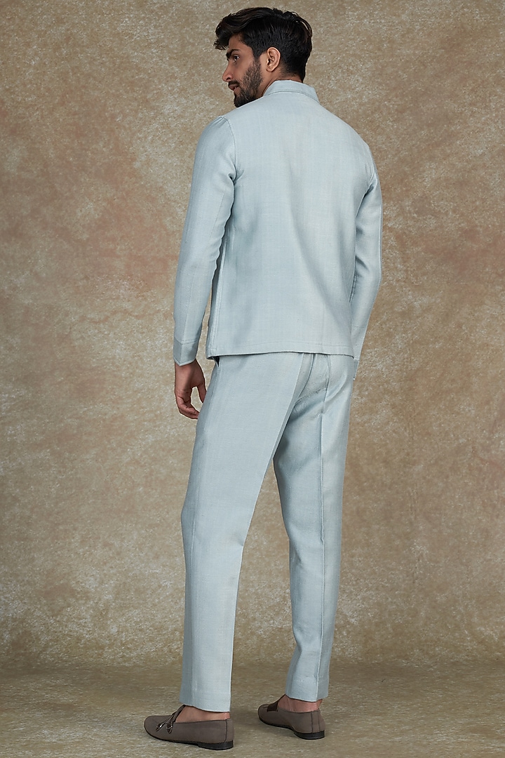 Sky Blue Silk Blend Bomber Jacket Set by ALOUKIK at Pernia's Pop Up Shop