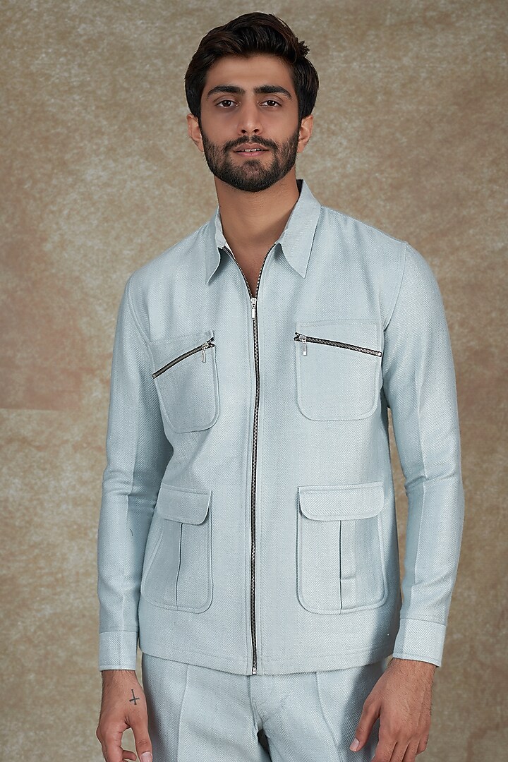 Sky Blue Silk Blend Bomber Jacket Set by ALOUKIK at Pernia's Pop Up Shop