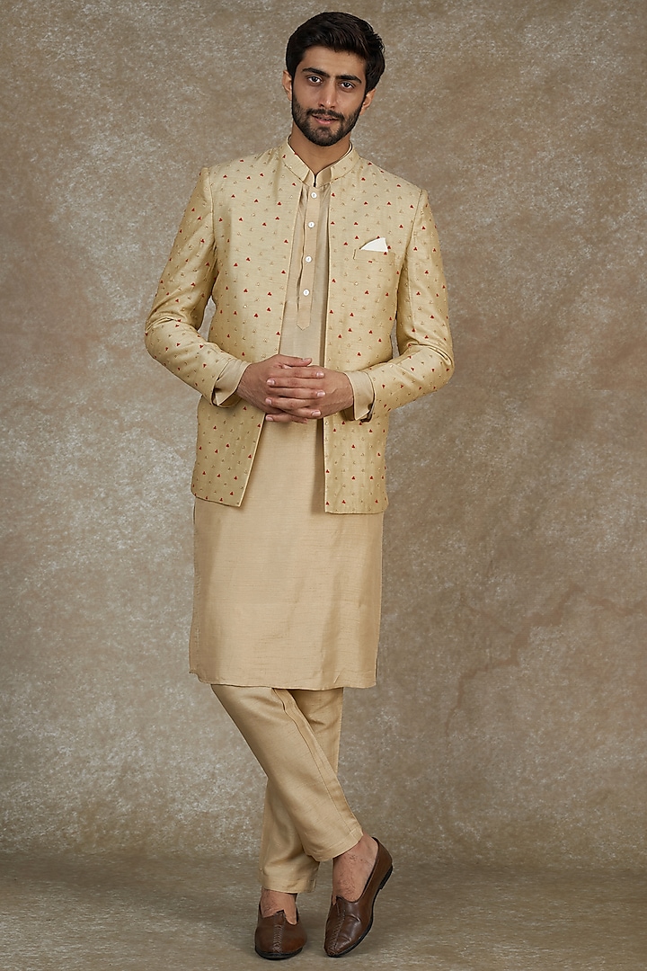 Gold Viscose Silk & Spun Cotton Bandhgala Set by SAMMOHAN