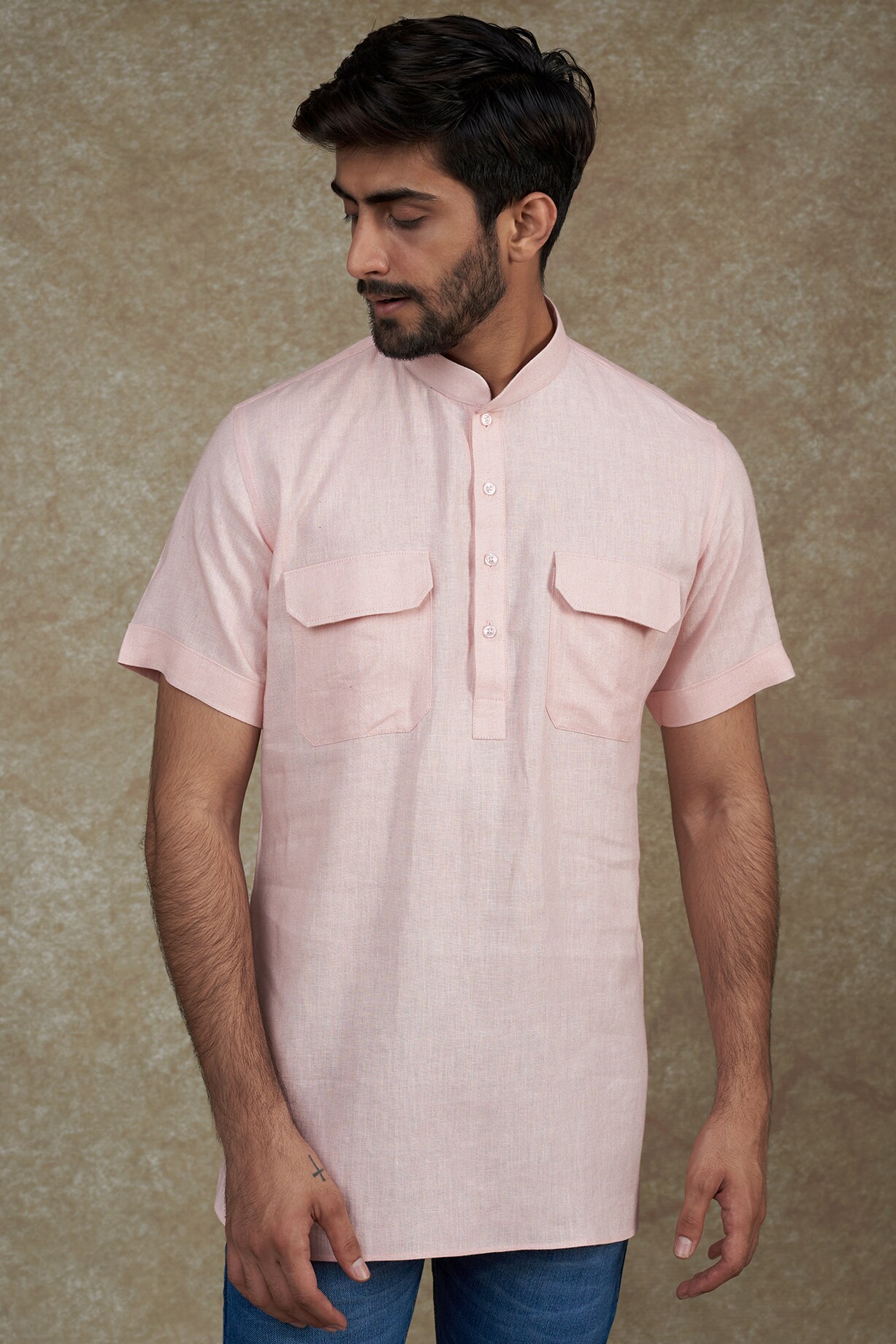 Buy SAMMOHAN Blush Pink Linen Viscose Pathani Kurta at Pernia ...