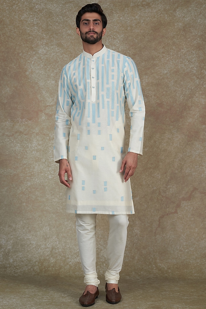 Beige Geometric Patchwork Silk Cotton Kurta Set by SAMMOHAN