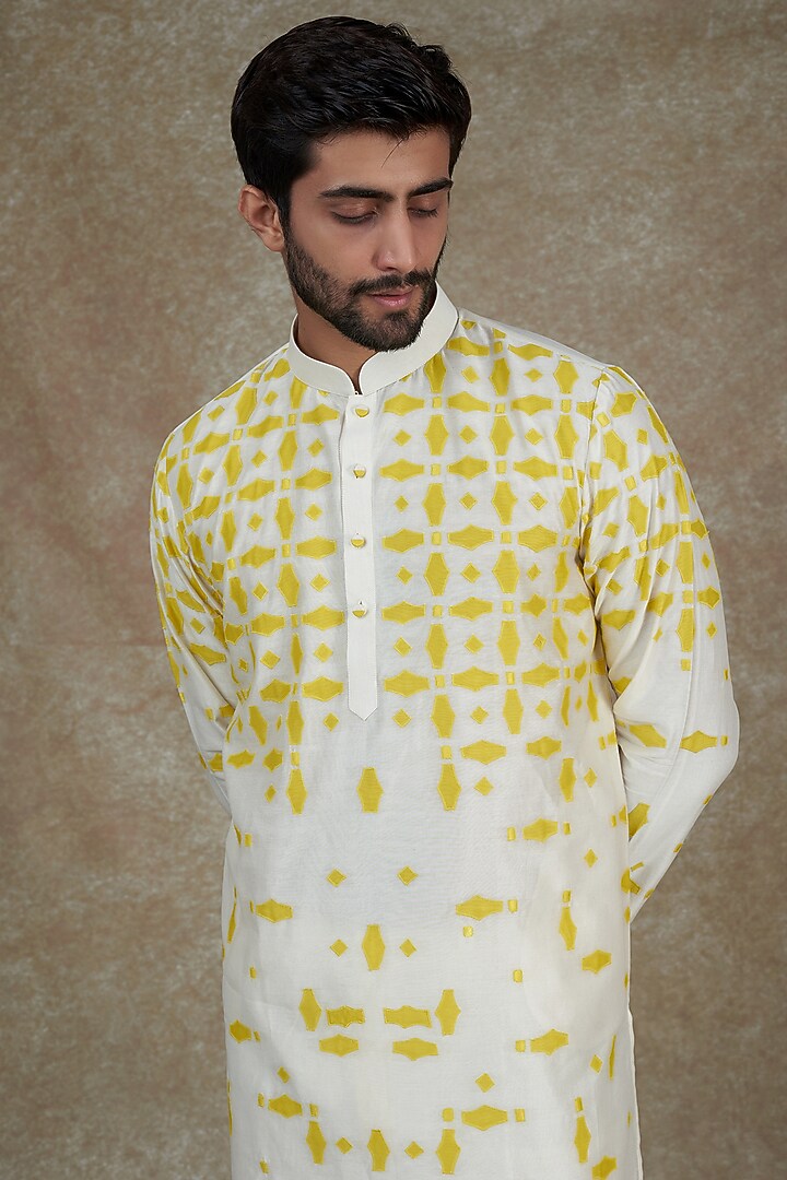 Beige Silk Cotton Patch Work Kurta Set by ALOUKIK at Pernia's Pop Up Shop