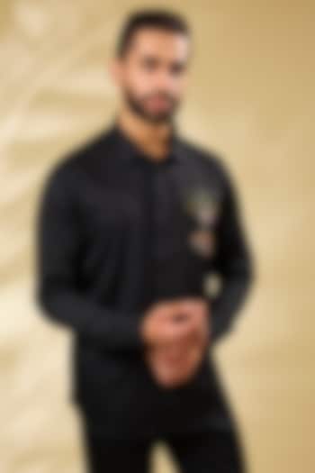 Black Cotton Lycra Aari Embroidered Handcrafted Shirt by SAMMOHAN