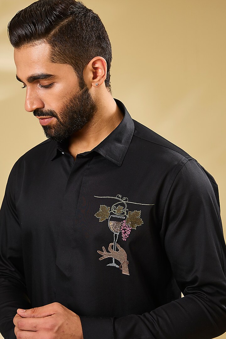 Black Cotton Lycra Aari Embroidered Handcrafted Party Wear Shirt by SAMMOHAN at Pernia's Pop Up Shop