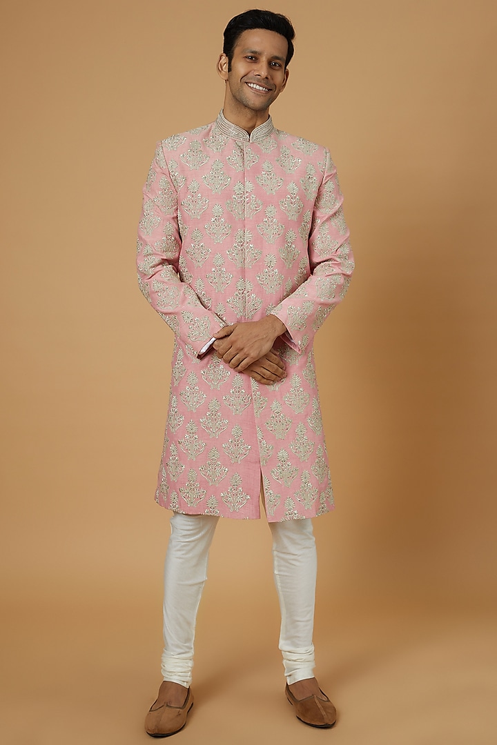 Blush Pink Silk Embroidered Wedding Sherwani Set by ALOUKIK at Pernia's Pop Up Shop