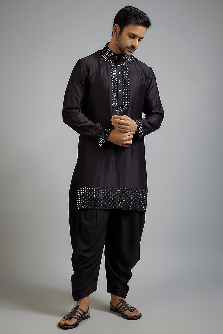 Black Silk Blend Mirror Embroidered Kurta Set by SAMMOHAN at Pernia's Pop Up Shop