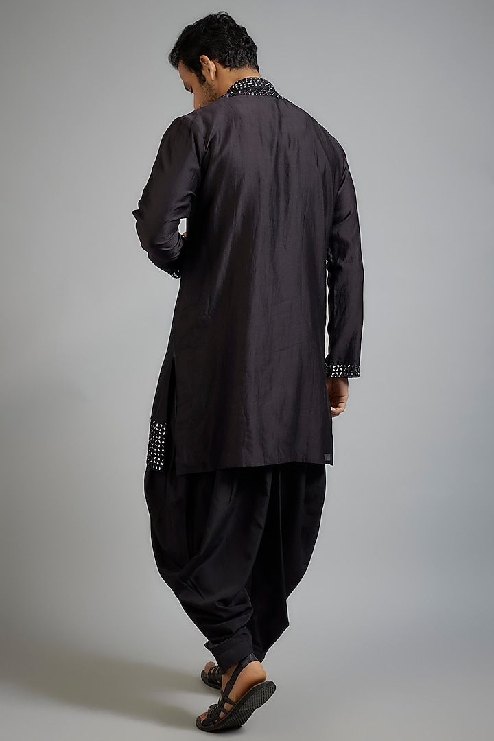 Black Silk Blend Mirror Embroidered Kurta Set by SAMMOHAN at Pernia's Pop Up Shop