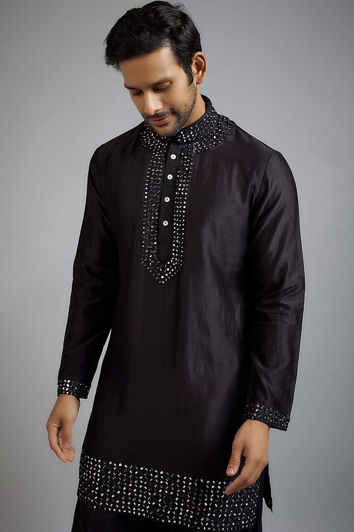 Black Silk Blend Mirror Embroidered Kurta Set by SAMMOHAN at Pernia's Pop Up Shop