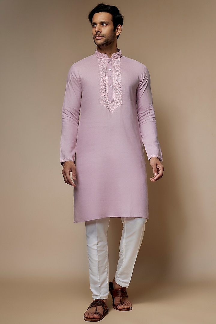 Pink Linen Resham & Beads Hand Embroidered Handcrafted Kurta by SAMMOHAN