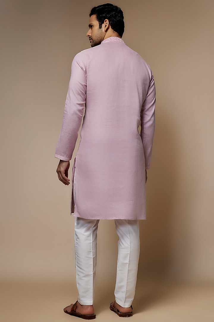 Pink Linen Resham & Beads Hand Embroidered Handcrafted Kurta by SAMMOHAN at Pernia's Pop Up Shop