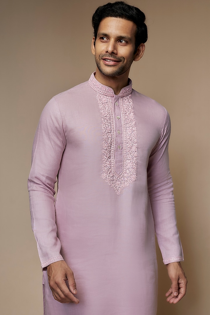 Pink Linen Resham & Beads Hand Embroidered Handcrafted Kurta by SAMMOHAN at Pernia's Pop Up Shop