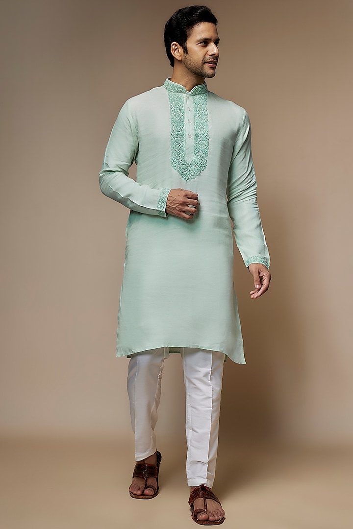 Mint green Linen Resham & Beads Hand Embroidered Handcrafted Kurta by SAMMOHAN at Pernia's Pop Up Shop