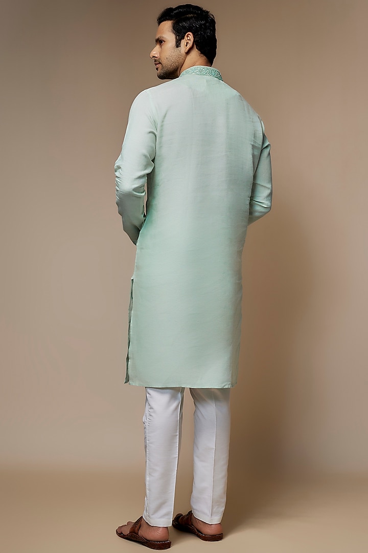 Mint green Linen Resham & Beads Hand Embroidered Handcrafted Kurta by SAMMOHAN at Pernia's Pop Up Shop