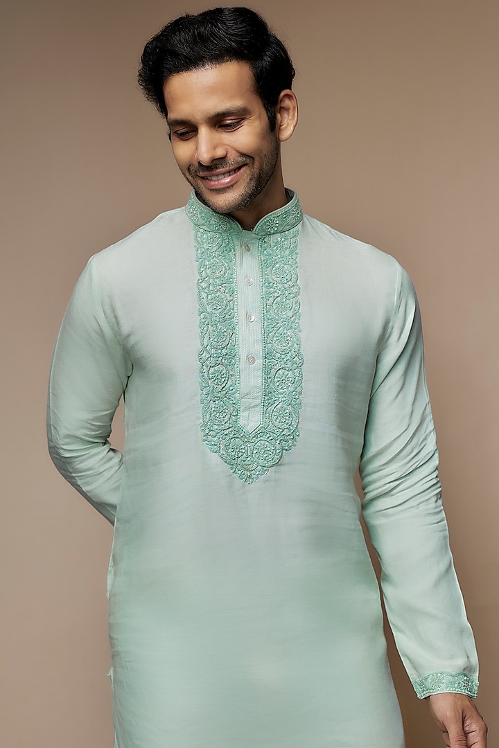Mint green Linen Resham & Beads Hand Embroidered Handcrafted Kurta by SAMMOHAN at Pernia's Pop Up Shop