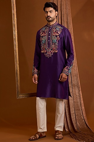 Purple Silk Kurta Set by SAMMOHAN