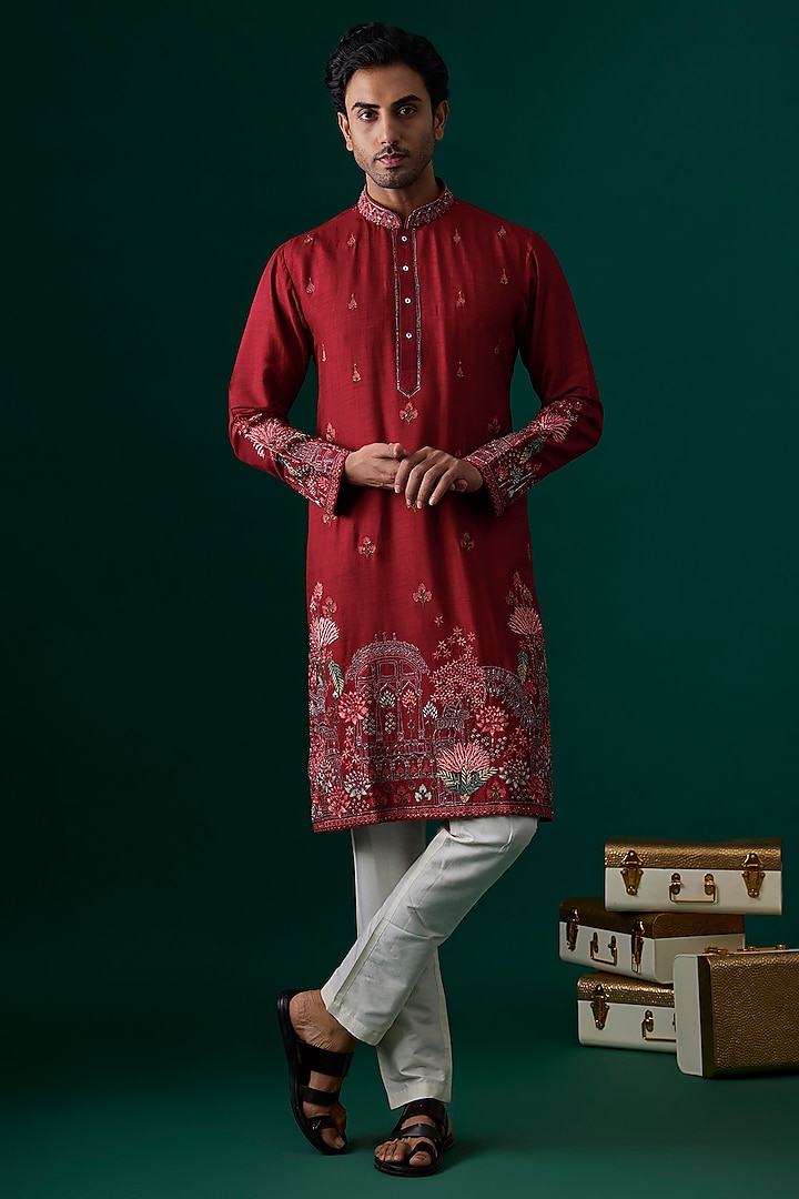 Red Silk Embroidered Kurta Set by SAMMOHAN