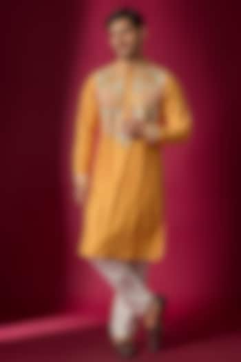 Orange Tussar Hand & Machine Embroidered Kurta Set by SAMMOHAN at Pernia's Pop Up Shop