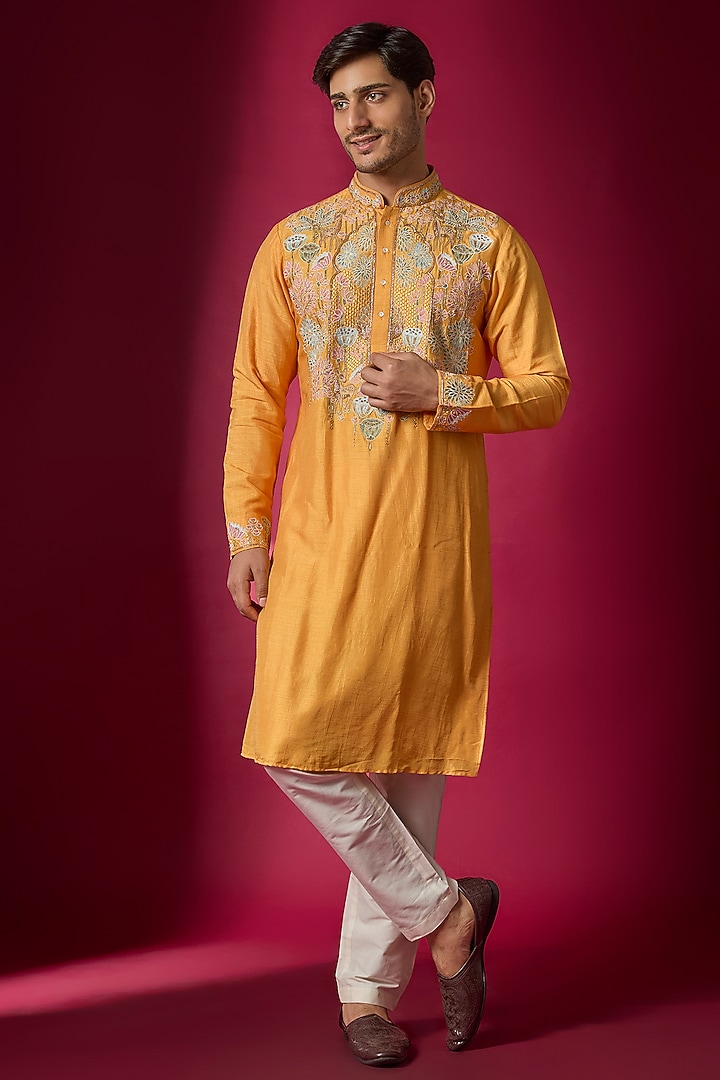 Orange Tussar Hand & Machine Embroidered Kurta Set by SAMMOHAN at Pernia's Pop Up Shop