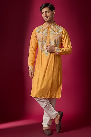 Orange Tussar Hand & Machine Embroidered Kurta Set by SAMMOHAN