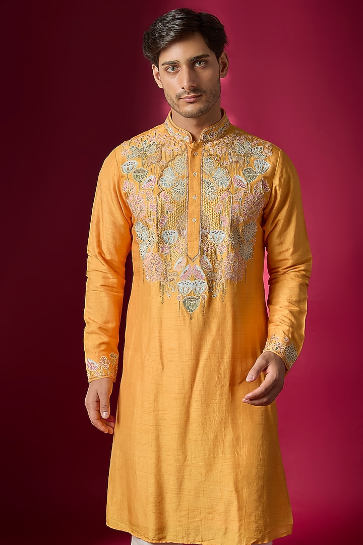 Orange Tussar Hand & Machine Embroidered Kurta Set by SAMMOHAN at Pernia's Pop Up Shop