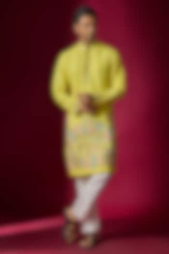 Yellow Tussar Hand & Machine Embroidered Kurta Set by SAMMOHAN at Pernia's Pop Up Shop