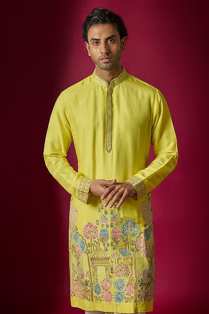 Yellow Tussar Hand & Machine Embroidered Kurta Set by SAMMOHAN at Pernia's Pop Up Shop