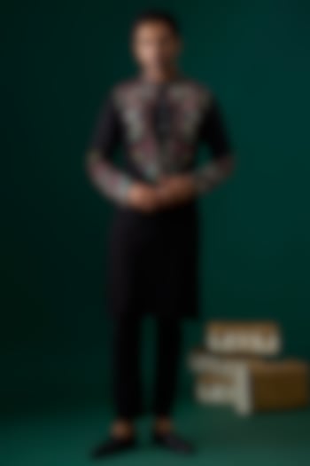 Black Tussar Hand & Machine Embroidered Kurta Set by SAMMOHAN at Pernia's Pop Up Shop