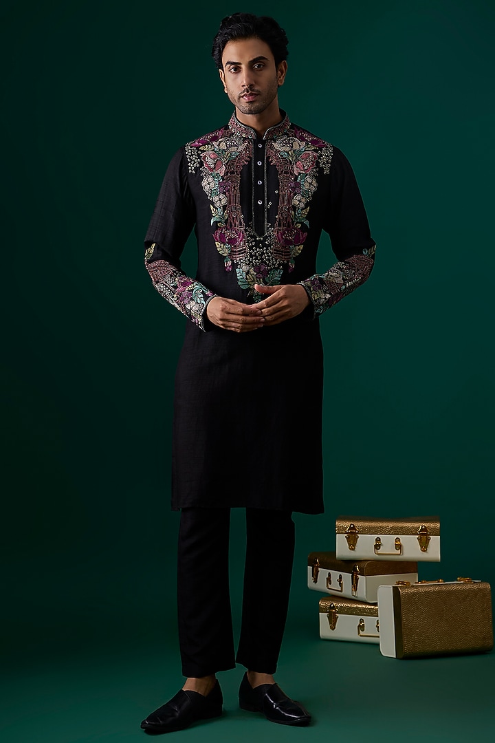 Black Tussar Hand & Machine Embroidered Kurta Set by SAMMOHAN at Pernia's Pop Up Shop