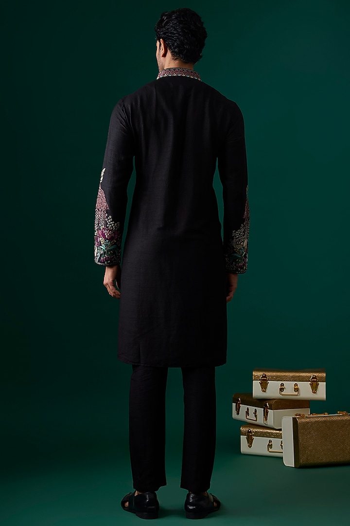 Black Tussar Hand & Machine Embroidered Kurta Set by SAMMOHAN at Pernia's Pop Up Shop