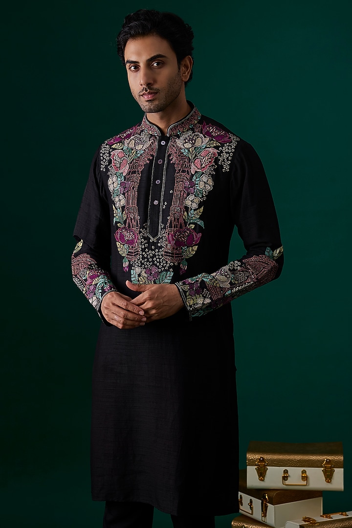 Black Tussar Hand & Machine Embroidered Kurta Set by SAMMOHAN at Pernia's Pop Up Shop