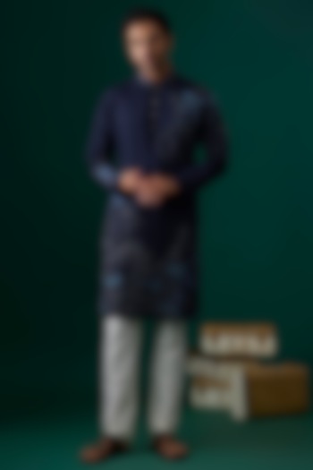 Navy Blue Tussar Hand & Machine Embroidered Kurta Set by SAMMOHAN at Pernia's Pop Up Shop
