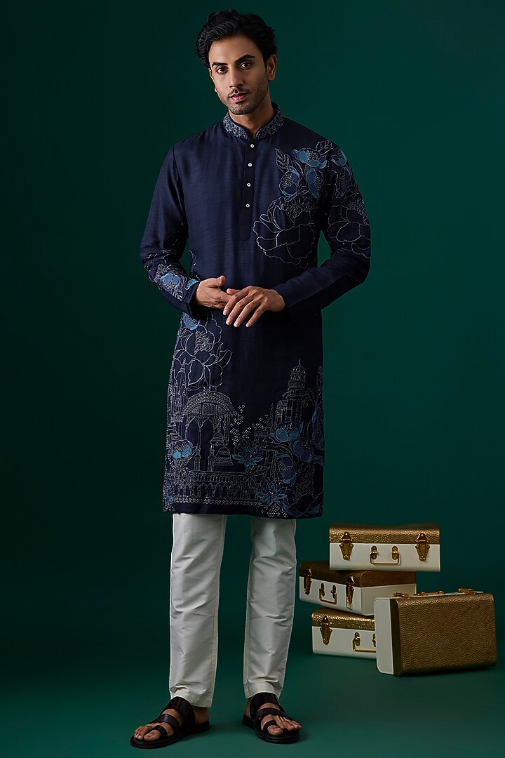 Navy Blue Tussar Hand & Machine Embroidered Kurta Set by SAMMOHAN at Pernia's Pop Up Shop
