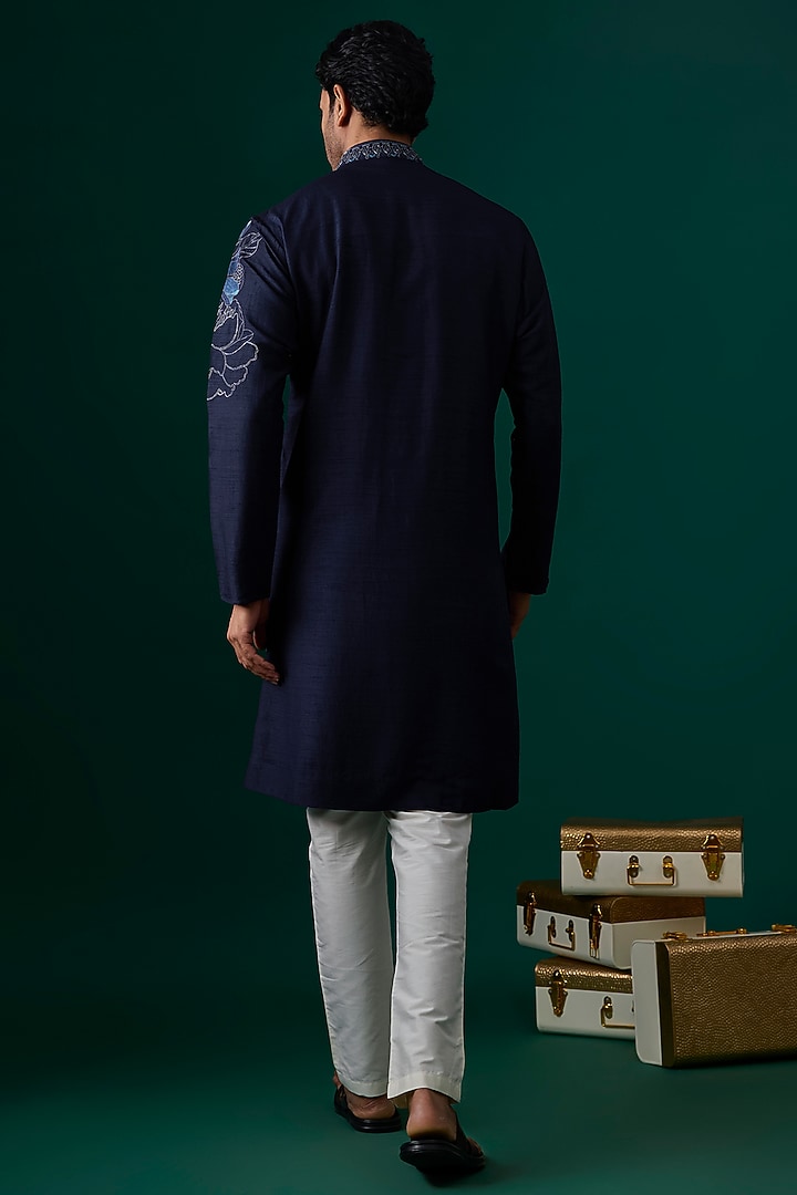 Navy Blue Tussar Hand & Machine Embroidered Kurta Set by SAMMOHAN at Pernia's Pop Up Shop