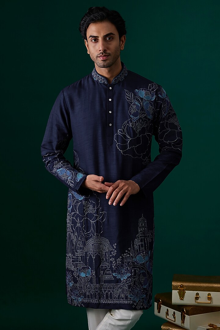 Navy Blue Tussar Hand & Machine Embroidered Kurta Set by SAMMOHAN at Pernia's Pop Up Shop