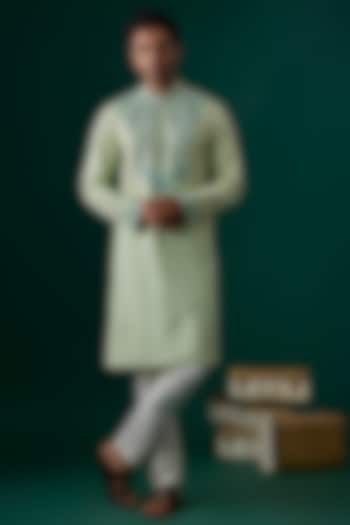 Mint Tussar Hand & Machine Embroidered Kurta Set by SAMMOHAN at Pernia's Pop Up Shop