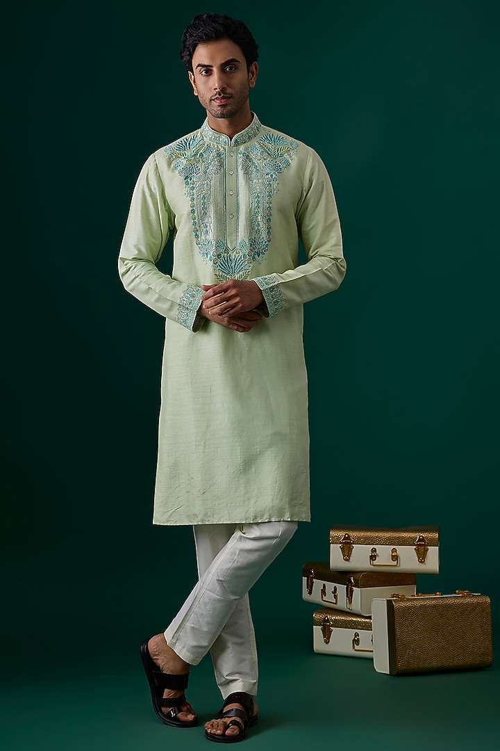 Mint Tussar Hand & Machine Embroidered Kurta Set by SAMMOHAN at Pernia's Pop Up Shop