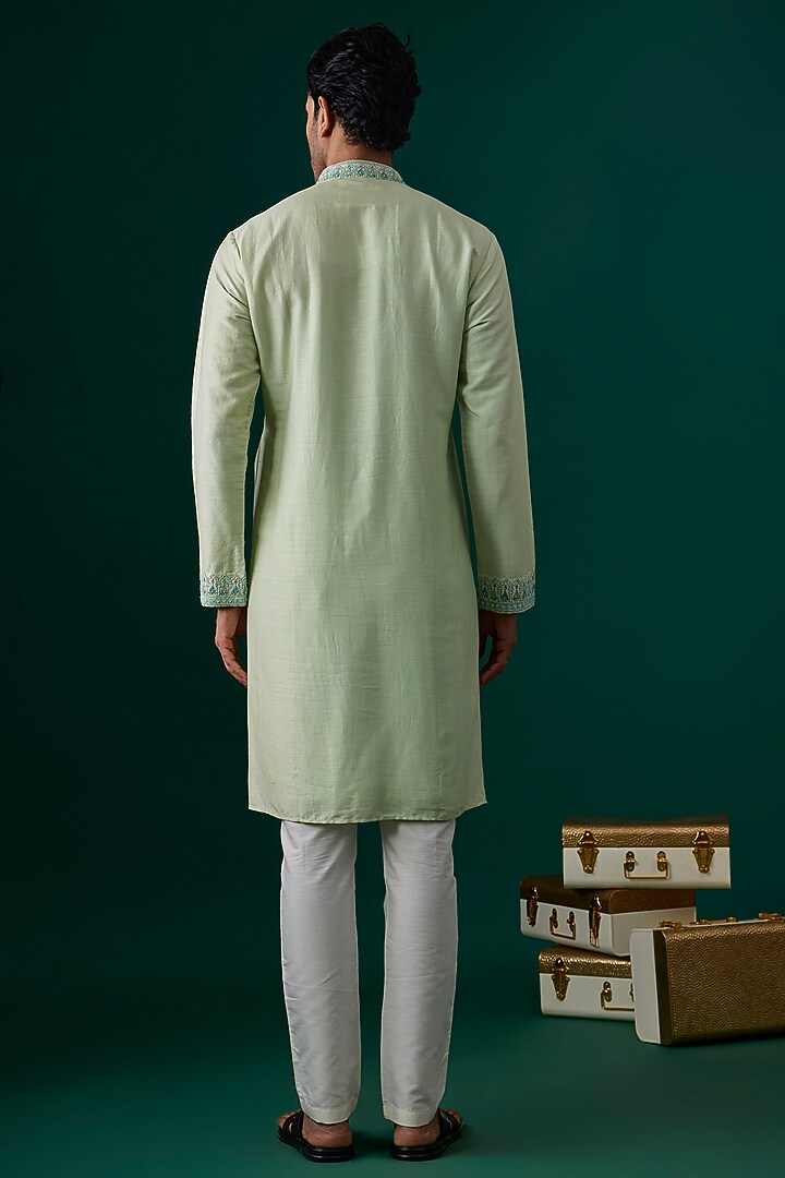 Mint Tussar Hand & Machine Embroidered Kurta Set by SAMMOHAN at Pernia's Pop Up Shop
