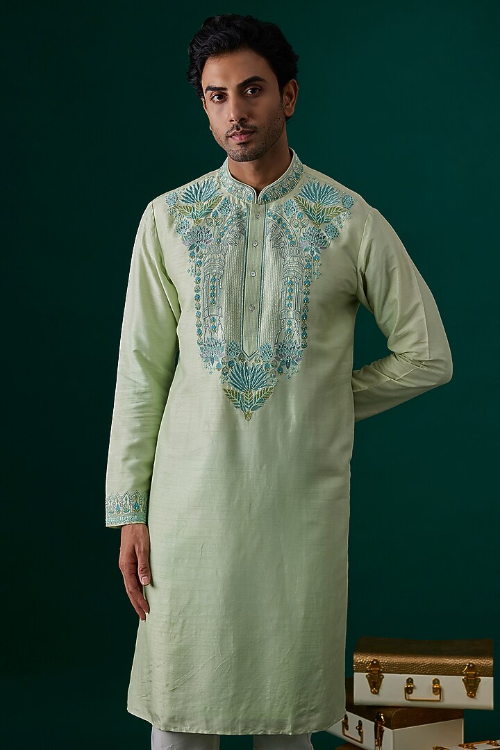Mint Tussar Hand & Machine Embroidered Kurta Set by SAMMOHAN at Pernia's Pop Up Shop