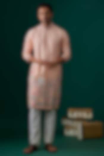 Peach Tussar Hand & Machine Embroidered Kurta Set by SAMMOHAN at Pernia's Pop Up Shop