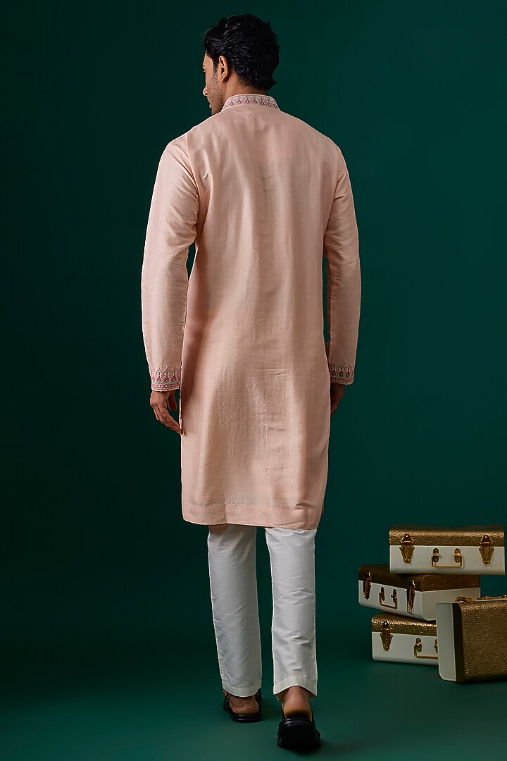 Peach Tussar Hand & Machine Embroidered Kurta Set by SAMMOHAN at Pernia's Pop Up Shop