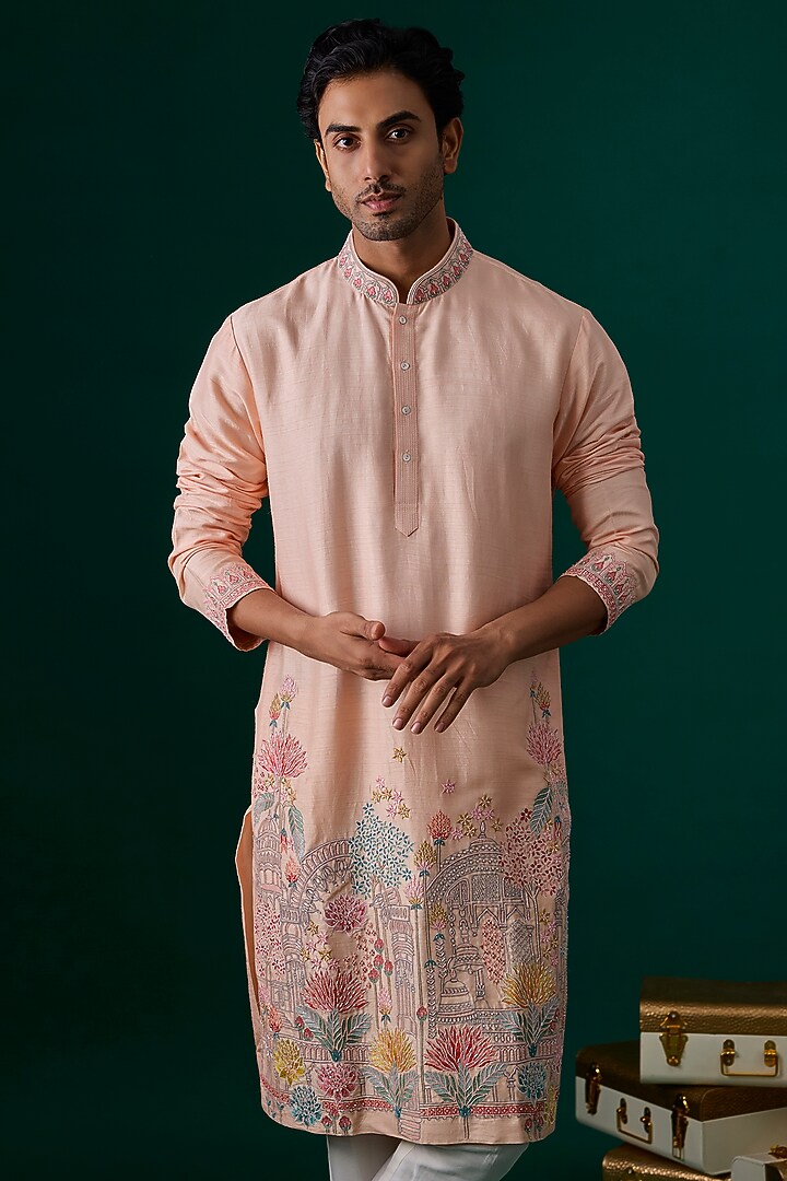 Peach Tussar Hand & Machine Embroidered Kurta Set by SAMMOHAN at Pernia's Pop Up Shop