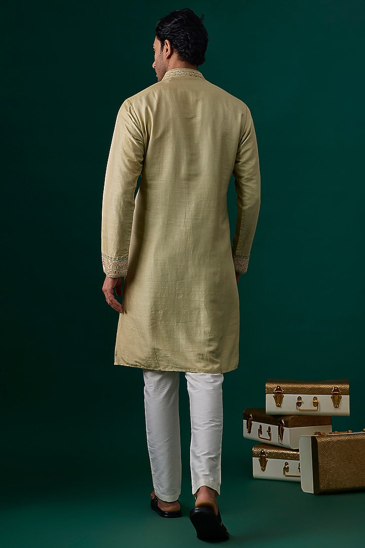 Green Tussar Hand & Machine Embroidered Kurta Set by SAMMOHAN at Pernia's Pop Up Shop