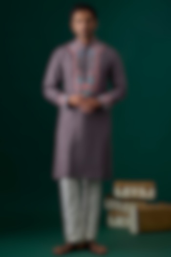 Grey Tussar Hand & Machine Embroidered Kurta Set by SAMMOHAN at Pernia's Pop Up Shop