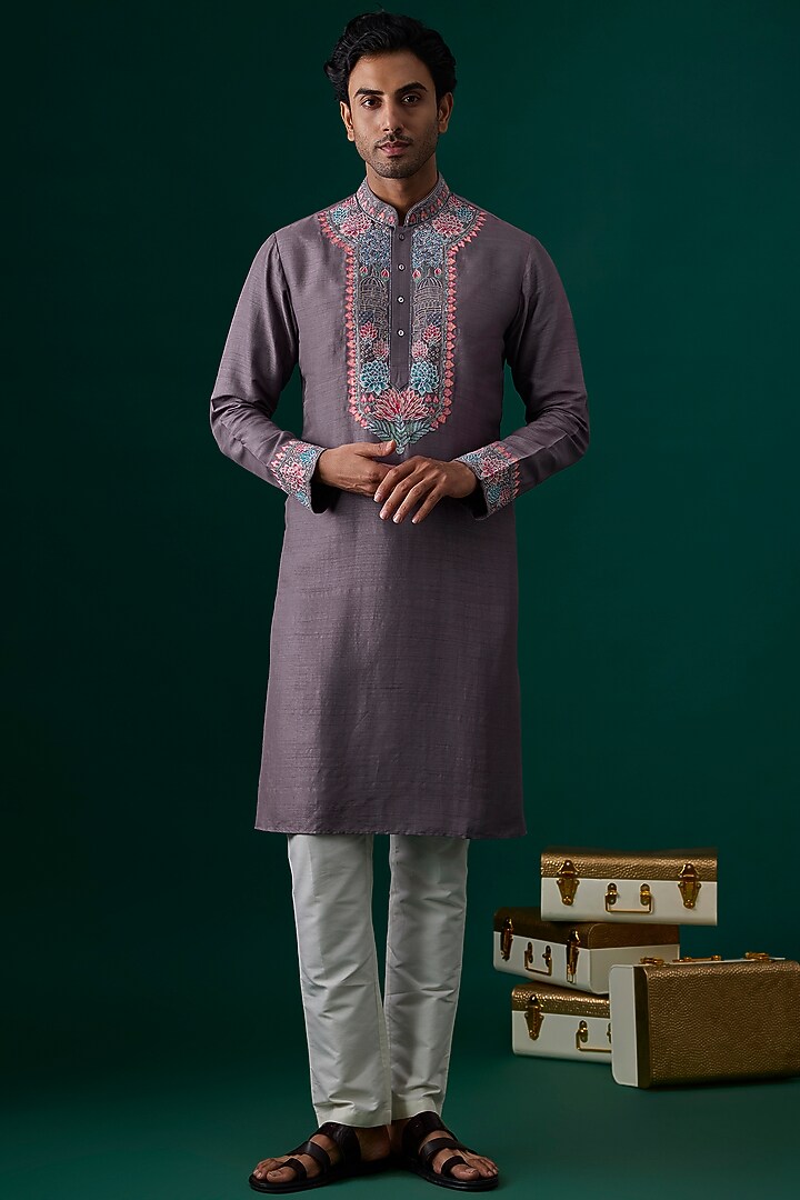 Grey Tussar Hand & Machine Embroidered Kurta Set by SAMMOHAN at Pernia's Pop Up Shop