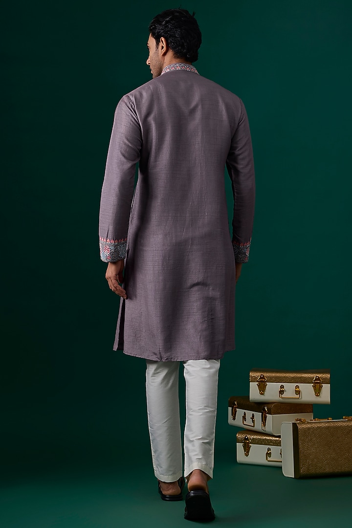 Grey Tussar Hand & Machine Embroidered Kurta Set by SAMMOHAN at Pernia's Pop Up Shop