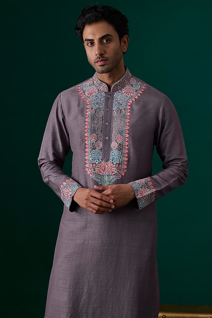 Grey Tussar Hand & Machine Embroidered Kurta Set by SAMMOHAN at Pernia's Pop Up Shop