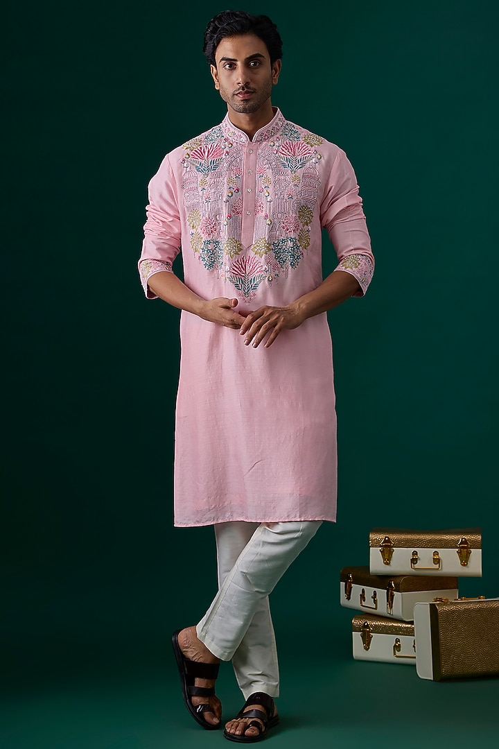 Baby Pink Tussar Hand & Machine Embroidered Kurta Set by SAMMOHAN at Pernia's Pop Up Shop