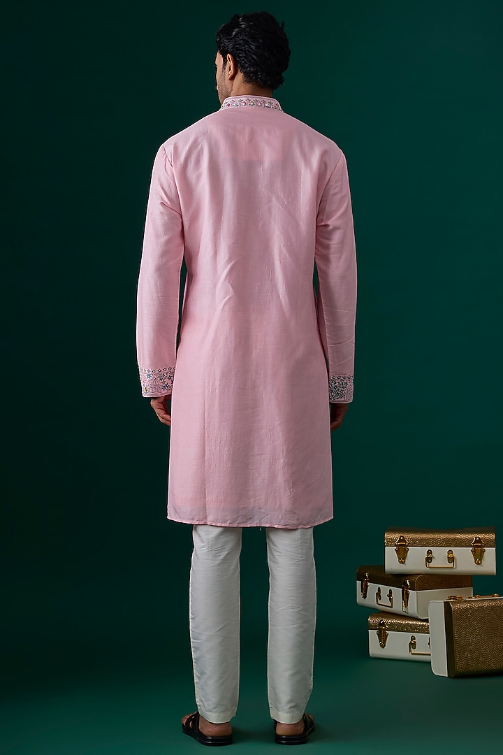 Baby Pink Tussar Hand & Machine Embroidered Kurta Set by SAMMOHAN at Pernia's Pop Up Shop